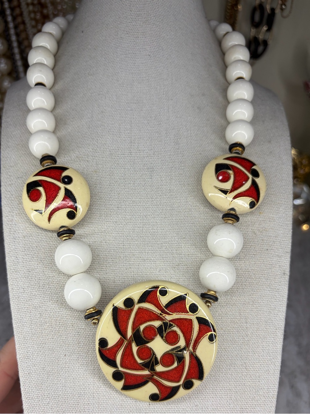 Vintage Ceramic Japan Necklace Painted Signed Jewelry Chunky Asian Statement